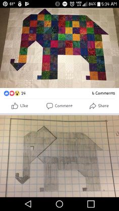 an elephant made out of squares is shown on the left and right side of this photo