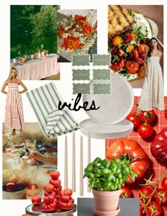 a collage of photos with tomatoes, salads and other food items