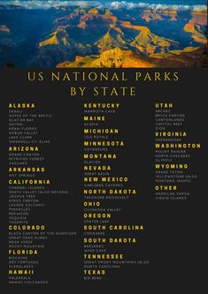 an event poster for the u s national parks and their state names in yellow on black