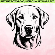 a black and white drawing of a dog's face with the words instant download, high quality png & svg