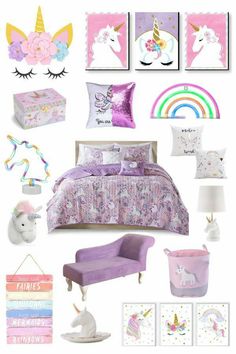 a collage of unicorn themed items including bedding, pillows and decor in pastel colors