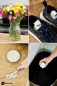 four different pictures with flowers in vases, and someone cleaning the bottom part of their shoes