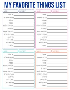 the printable list for my favorite things list is shown in blue and pink colors