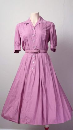 1950's Fuchsia Pink / Purple Shirtwaist Cotton Dress | Etsy Pink Collared Shirt Dress For Daywear, Pink Cotton Shirt Dress For Summer, Elegant Pink Cotton Shirt Dress, Fitted Feminine Cotton Shirt Dress, Pink Short Sleeve Shirt Dress For Daywear, Pink Collared Cotton Dress, Pink Cotton Collared Dress, Spring Pink Shirt Dress For Workwear, Pink Shirt Dress For Spring Workwear