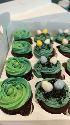 cupcakes decorated with green frosting and eggs are in a white box on a table