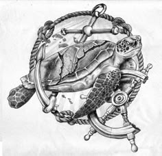 a drawing of a sea turtle on a ship wheel with anchor and rope around it