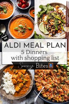 a collage of different dishes with the words aldi meal plan 5 dinners with shopping list