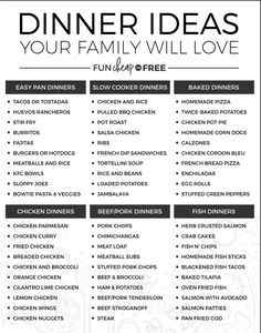 a printable dinner menu for families to enjoy and share with the family in their home