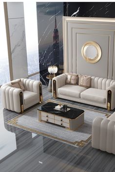 an elegant living room with white and gold furniture