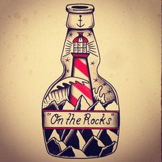 a drawing of a bottle with the words on the rocks written in red and white