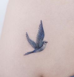 a small blue bird tattoo on the back of a woman's stomach