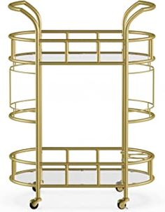 a gold metal bar cart with glass shelves