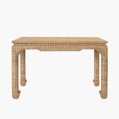 a wicker table with two legs and a small wooden bench on the top, against a white background