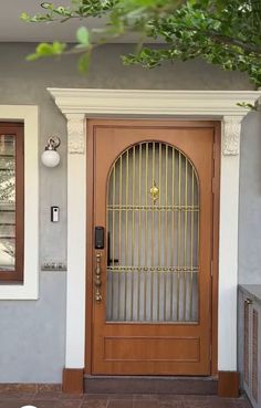 a dog is laying on the ground in front of a door that has bars on it