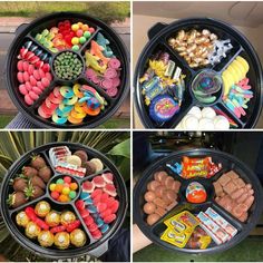 four pictures show different types of candy and candies arranged in a wheelbarrow