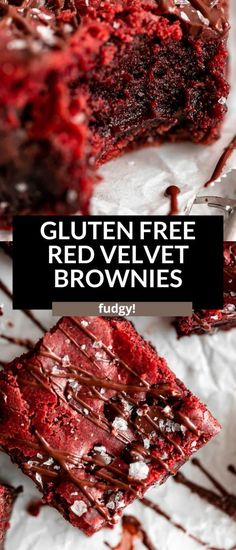 gluten free red velvet brownies with chocolate drizzle on top