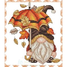 Autumn Gnome Umbrella - PDF Cross Stitch Pattern - Wizardi Autumn Cross Stitch Patterns, Charm Pack Quilt, Fall Cross Stitch, Calendar Girls, Gnomes Crafts, Stitch Art, Cross Stitch Patterns Free, Back Stitch, Stitching Art