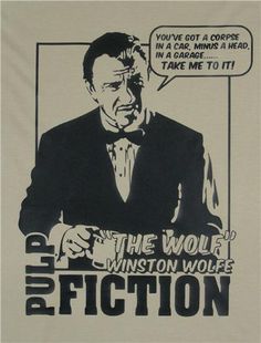 a t - shirt with an image of a man in a tuxedo saying pulp fiction