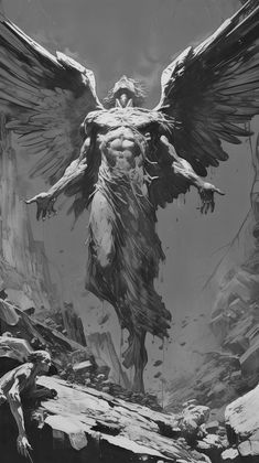 a drawing of an angel standing on top of a rock covered ground with his wings spread out