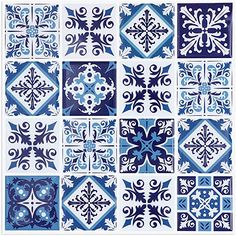 blue and white tiles with snowflakes on them