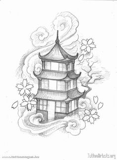 a drawing of a pagoda with flowers and clouds