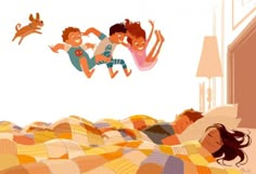 two children are lying in bed and one is jumping up into the air with their hands