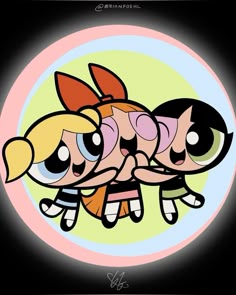 the powerpuff girls cartoon characters are hugging each other in front of a circular background