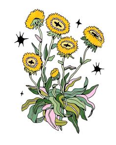 some yellow flowers with green leaves and stars