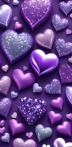 purple and silver hearts are scattered on a purple background with glitters in the shape of hearts