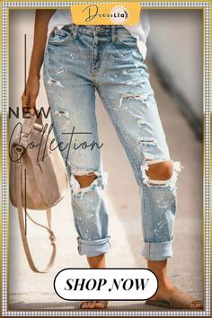 Street Print Tassel Ripped Mid Waist Straight Bottoms Hipster Trousers, Suits Art, Festival Mode, High Waisted Jeans Vintage, Womens Ripped Jeans, Boho Jumpsuit, Denim Decor, Ripped Boyfriend Jeans, Streetwear Jeans