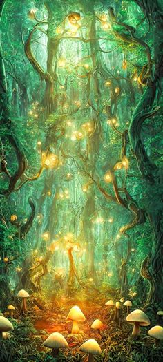 a forest filled with lots of mushrooms surrounded by green trees and glowing lights in the sky