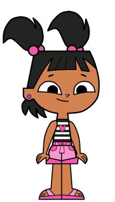 a cartoon girl with black hair and pink shorts standing in front of a white background