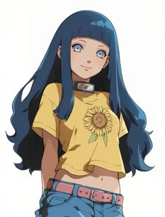 a woman with long blue hair wearing a yellow shirt