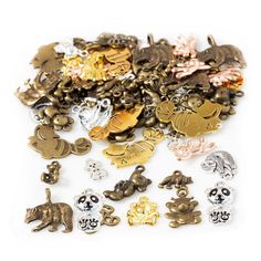 many different types of metal charms on a white surface