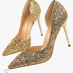 New With Box Glitter Wedding Shoes With Round Toe, Gold Slip-on Heels For Wedding, Gold Slip-on Heels For Formal Occasions, Gold Slip-on Heels For Evening, Elegant Party Court Shoes Slip-on, Elegant Slip-on Court Shoes For Party, Chic Gold Almond Toe Wedding Shoes, Gold High Heel Court Shoes For Party, Glamorous Gold Closed Toe Court Shoes