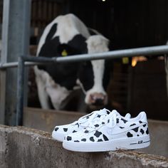 Hand painted cow print Air Force 1s.  only have pictures of the Black print but the print can be done in any colour. DM me if you want to see them in a different colour and I can produce a PS edit. Af1 Custom, Air Force 1s, Pink Cow, Custom Nikes, Shoe Gifts, Purple Butterfly, Shoe Print, Daughter Birthday, Tie Shoes