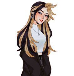 a drawing of a woman with long blonde hair wearing a black jacket and white shirt