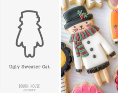 an assortment of decorated cookies with the words ugly sweater cat on top and doughnuts in the background