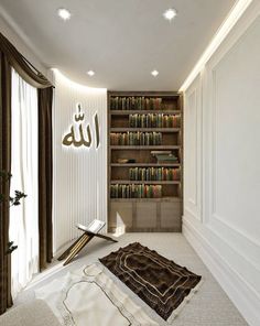 a living room filled with furniture and bookshelves