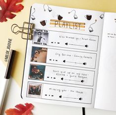 an open notebook with notes and pictures on it