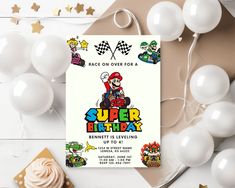 an image of a birthday party with mario kart and luigi on the front card