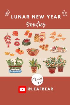 a bunch of plants that are on a red and white background with the words lunar new year goodies