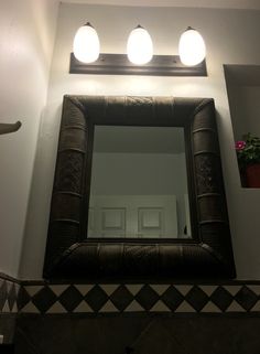 a bathroom mirror with three lights above it