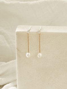 Ellis Freshwater Pearl Drop Earrings (Vermeil) – Olive & Piper Delicate Bridal Earrings, Delicate Bridal Jewelry, Blue Hair Accessories, Earring Stack, Beads Craft Jewelry, Freshwater Pearl Drop Earrings, Wedding Earrings Drop, Golden Chain, Jewelry Lookbook