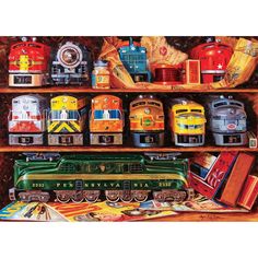 a painting of many different trains on shelves