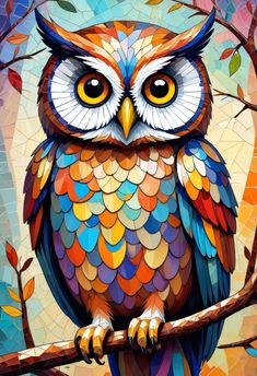 an owl sitting on top of a tree branch in front of a stained glass window