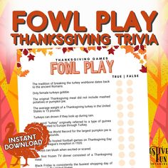 Thanksgiving Fowl Play Trivia Game is a fun and easy Friendsgiving true or false questionnaire. Perfect as a classroom party activity or fall family game night printable. UPGRADE TO THE COMPLETE PRINTABLE THANKSGIVING GAMES BUNDLE: https://festivefunprintables.etsy.com/listing/1584069254 Get ready to embark on a Thanksgiving adventure like no other! These Printable Games are the perfect addition to your celebration. Whether you're hosting a Thanksgiving party, gathering with friends and family f Friendsgiving Crafts, Fall Diy Projects, Friendsgiving Games, Games Thanksgiving, Thanksgiving Facts, Thanksgiving Worksheets, Thanksgiving Friendsgiving, Printable Thanksgiving, True Or False