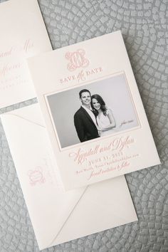 an image of a couple on their wedding day with the save the date card and envelope