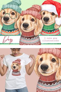 two dogs wearing christmas sweaters and hats, with the same dog's image on them