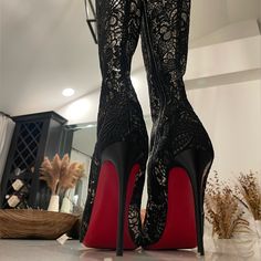 These Are Sexy, Timeless And Elegant Boots. My Husband Bought Them As A Gift And They Have Been In Closet For A While Never Worn. Fitted High Heel Boots With Red Sole, Luxury Fitted Heels With Red Sole, Designer Fitted Heels With Red Sole, Fitted Black Heels For Galas, Fitted Boots With Red Sole For Night Out, Luxury Party Boots With Red Sole, Designer Fitted Boots With Red Sole, Fitted Black Boots With Red Sole, Luxury Lace-up Heels